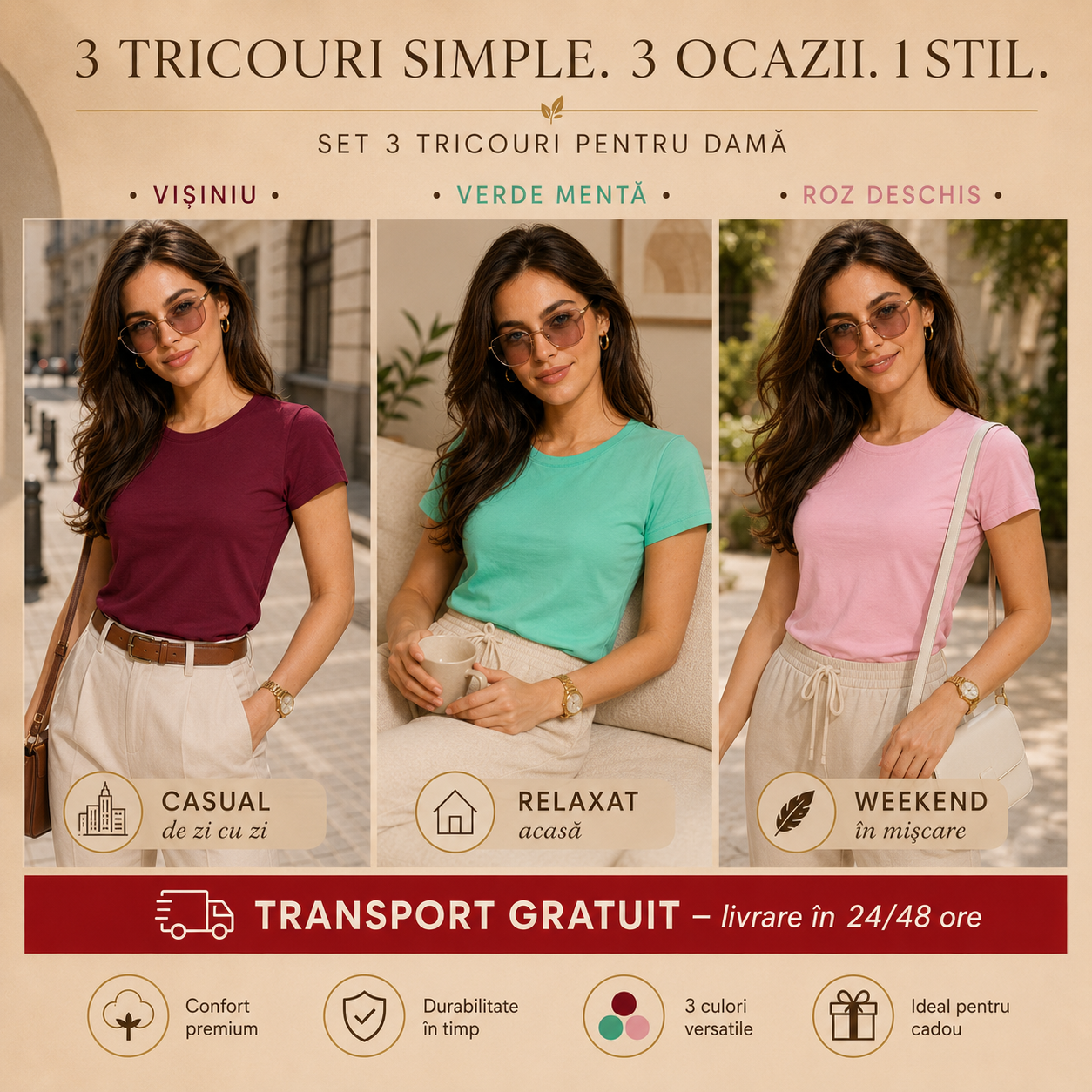 Tricouri damă simple din bumbac 100% vișiniu verde mentă roz deschis